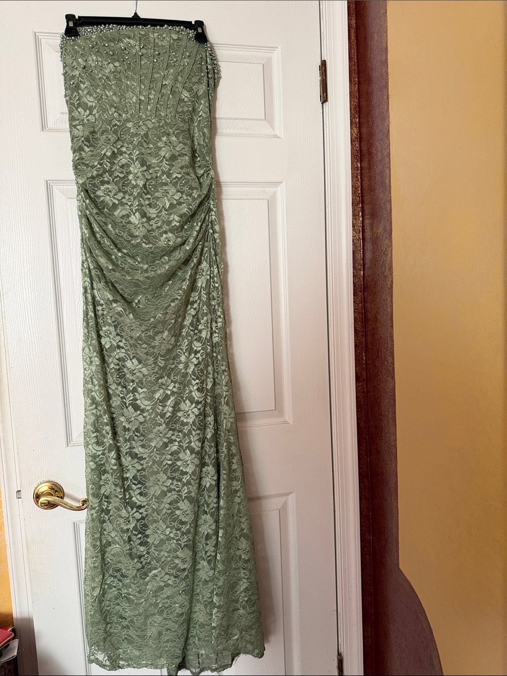 Strapless Sage Lace Evening Gown